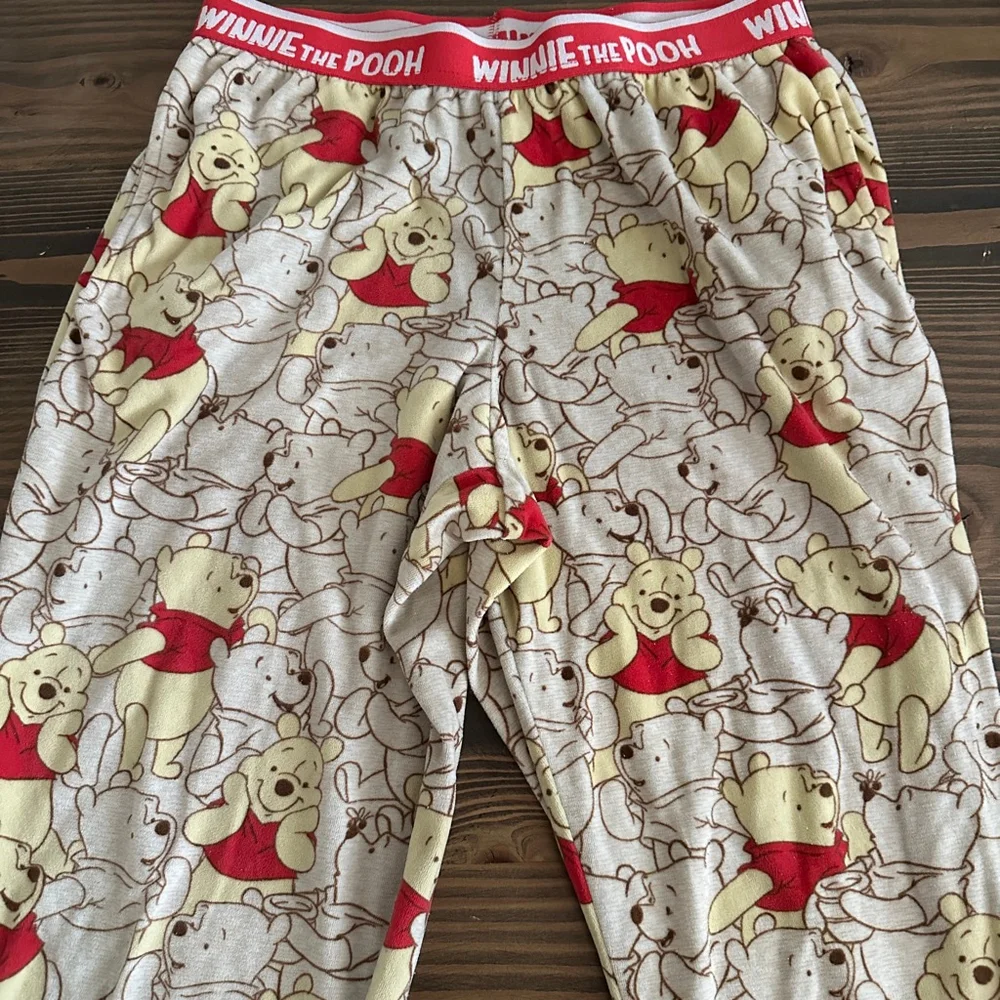 Womens Winnie the Pooh Pajama Pants S Cozy Cute Lounge Beige Red Disney - Picture 3 of 8
